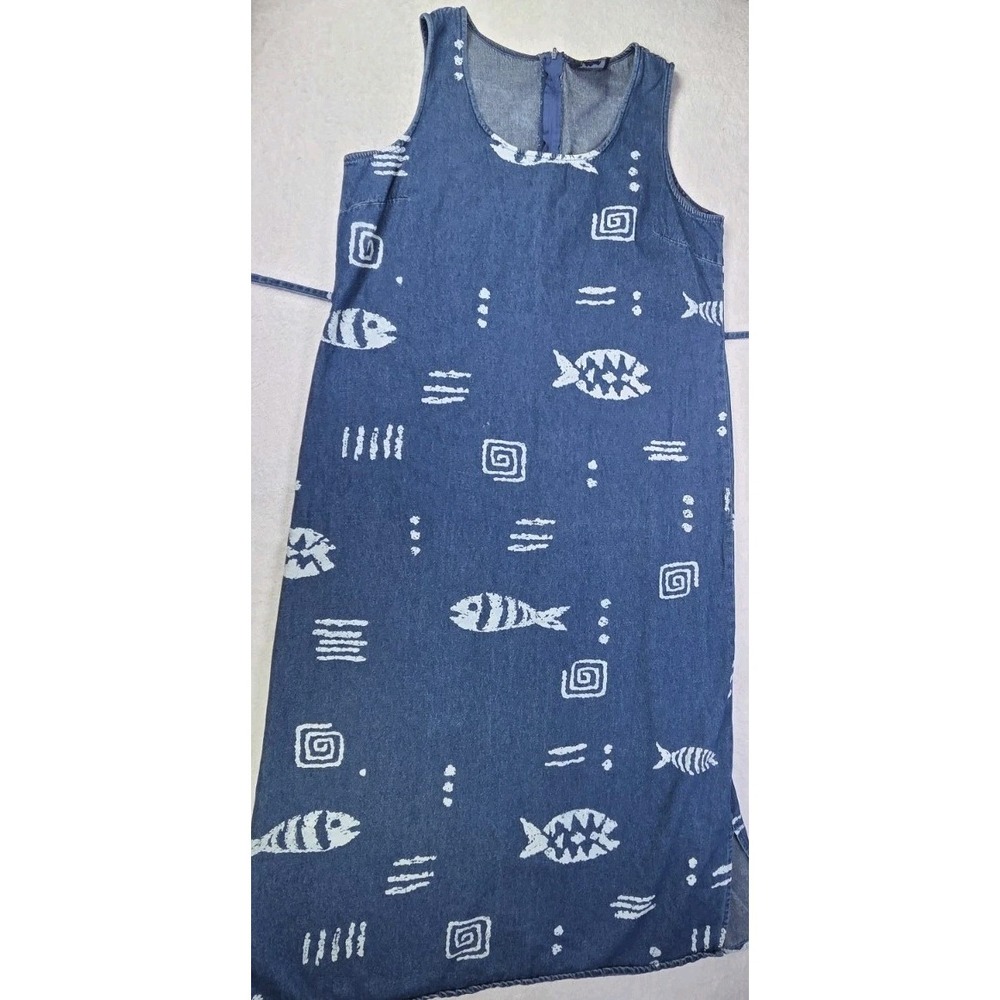 Vintage Style Fish Print Denim Dress Coastal Cottagecore Beachy Midi
